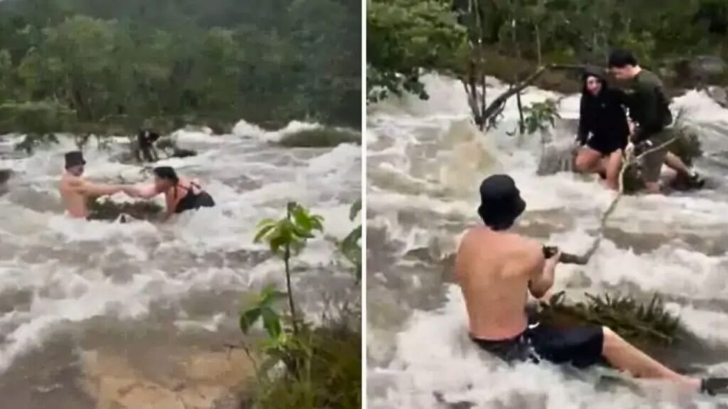 Turistas são surpreendidos por cabeça d’água em cachoeira na Chapada dos Veadeiros